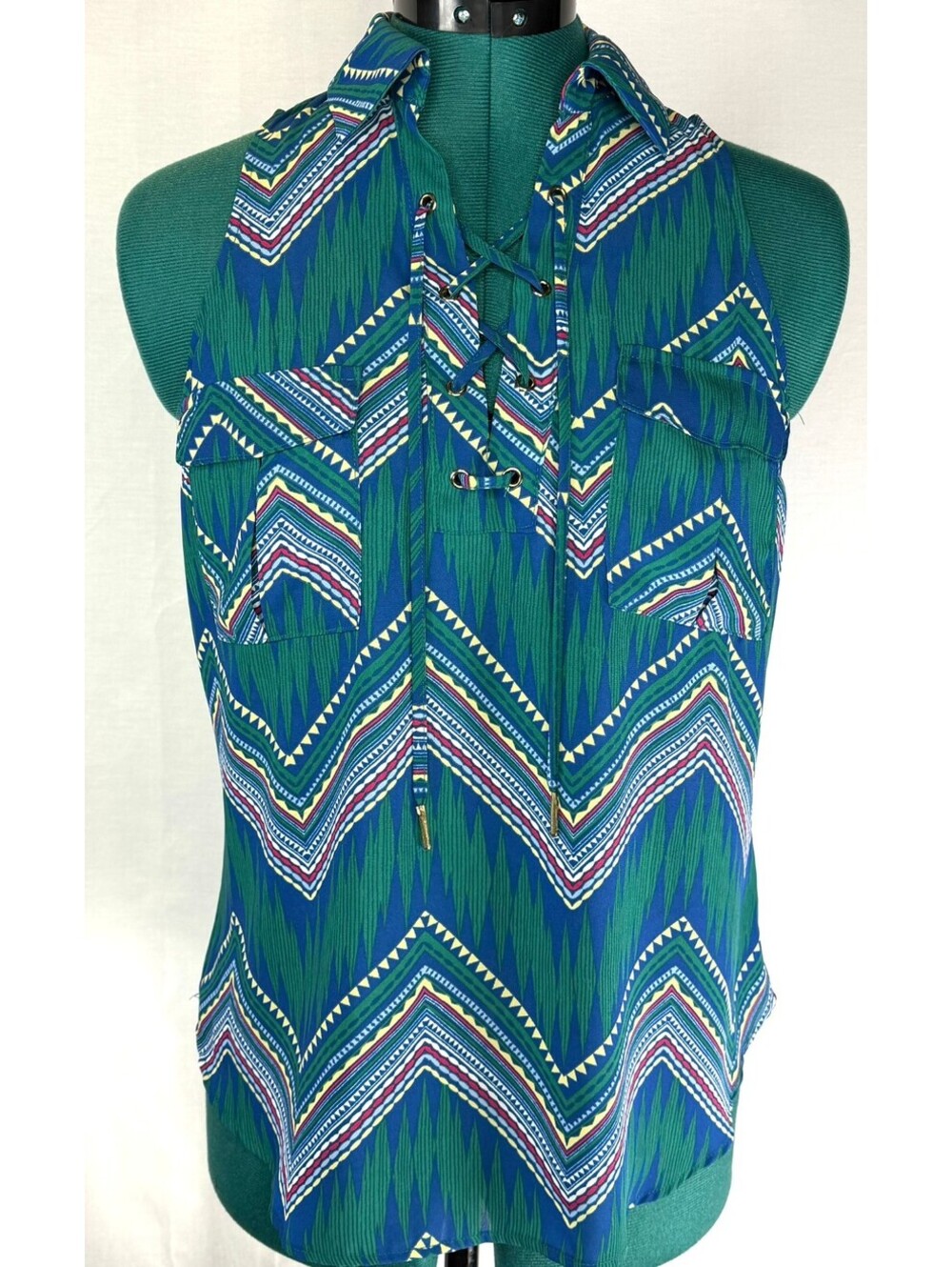 Candie’s Women’s S Blue Green Geometric Lace-Up Sleeveless Blouse